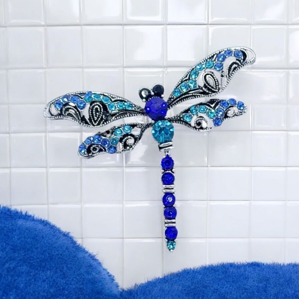 Blue Rhinestone Dragonfly Brooch Articulated Tail Silver Statement Pin Gift NIP
